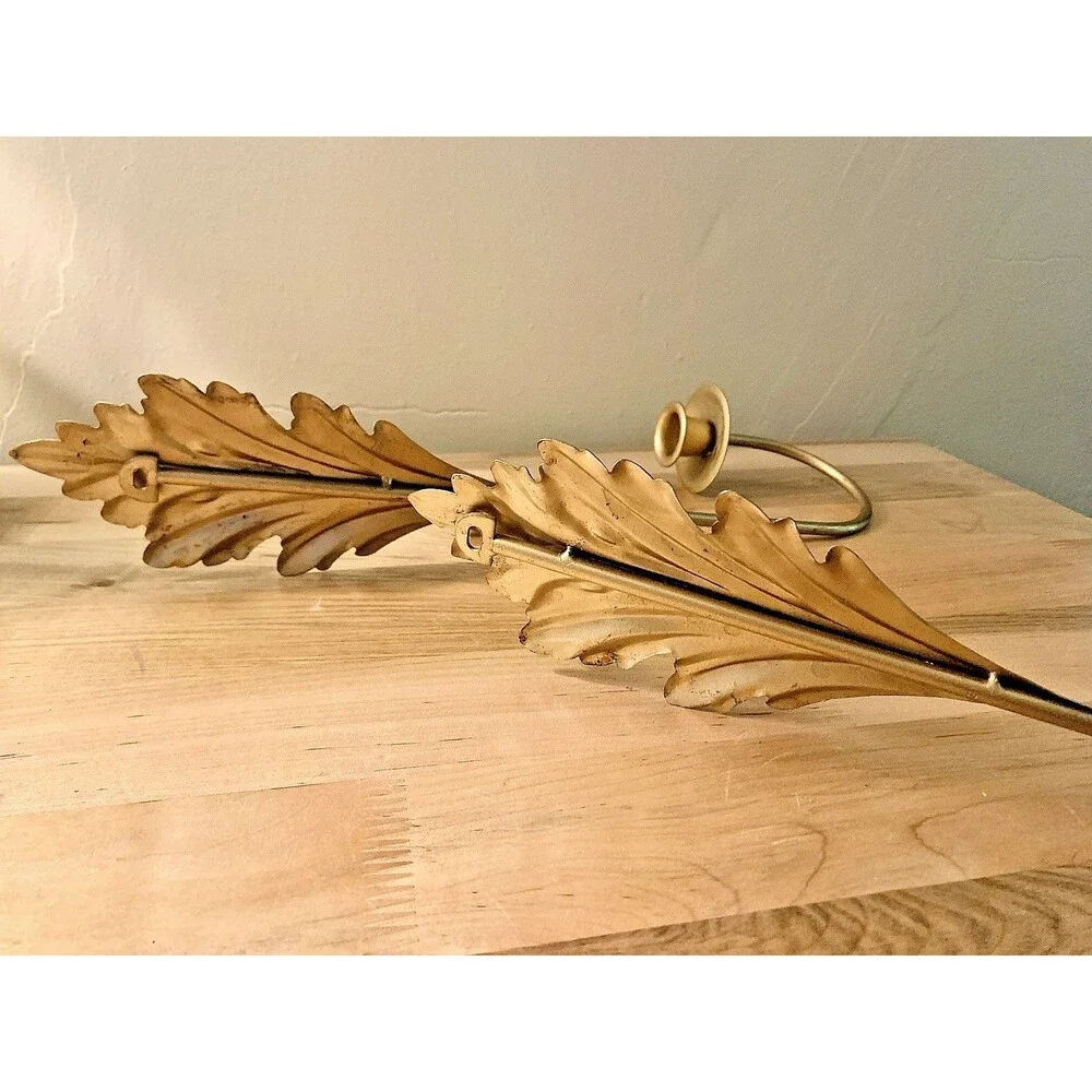 Vtg Metal Acanthus Leaf MCM Wall Candle Sconces Pair Gold Hollywood Regency 15